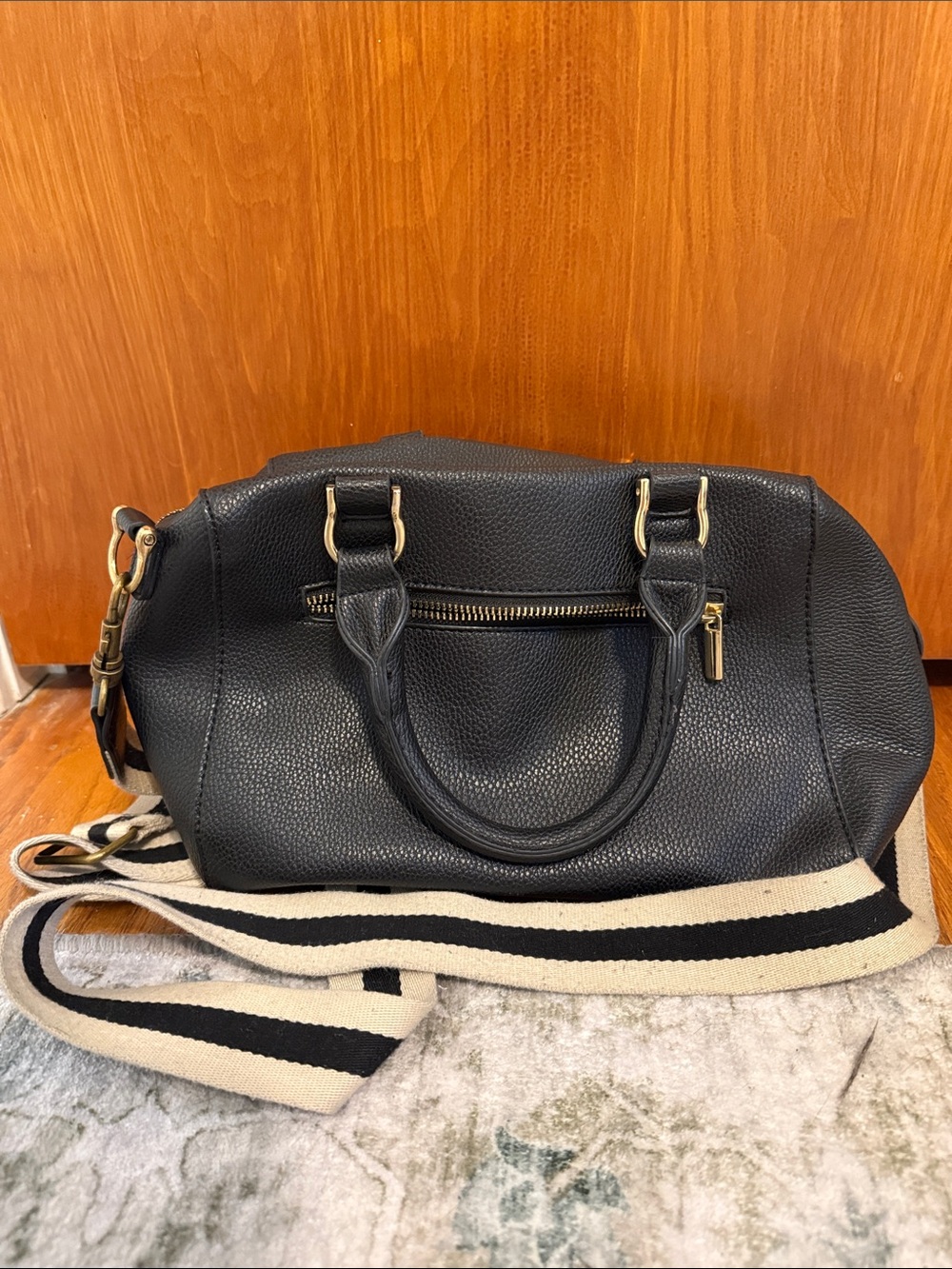 a new day Black Pebbled Satchel with Striped Canvas Strap
